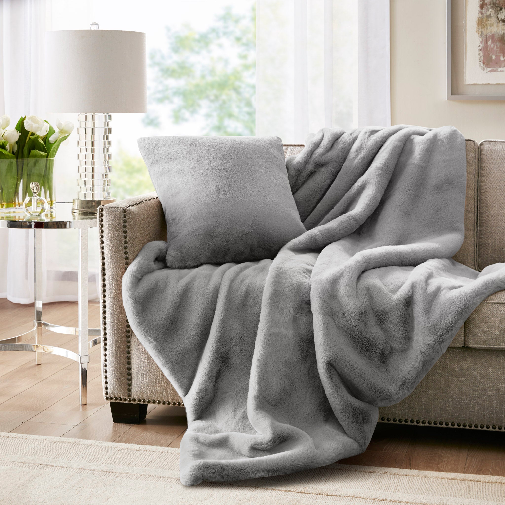 Faux fur grey blanket hot sale